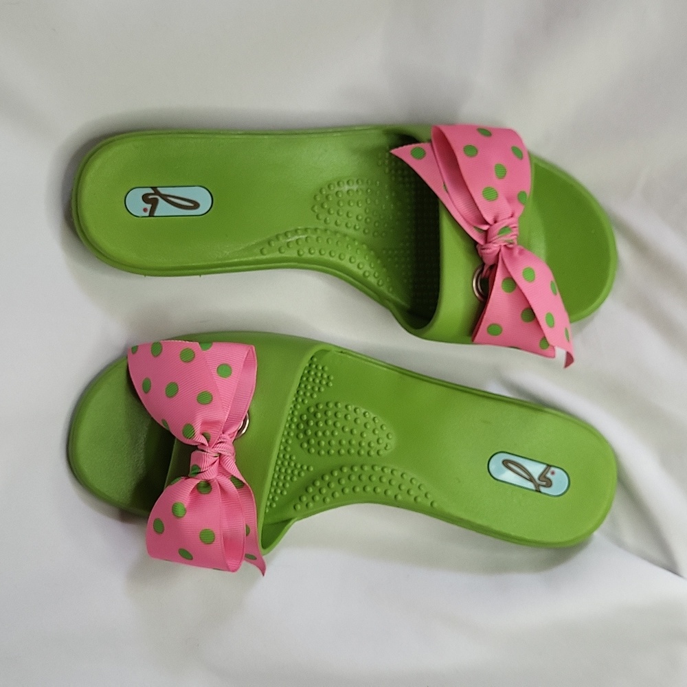 Oka B Slides Green Pink Polka Dot Preppy Summer Sandals Size M
